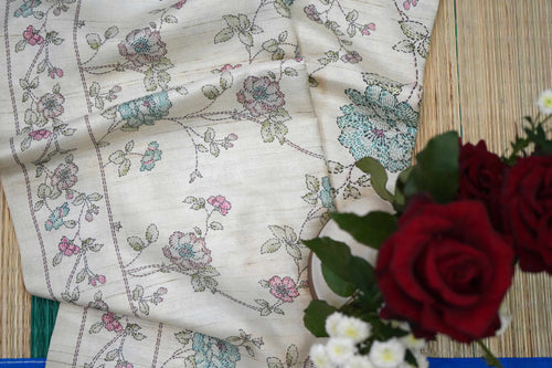Beige Tussar Floral Printed Saree