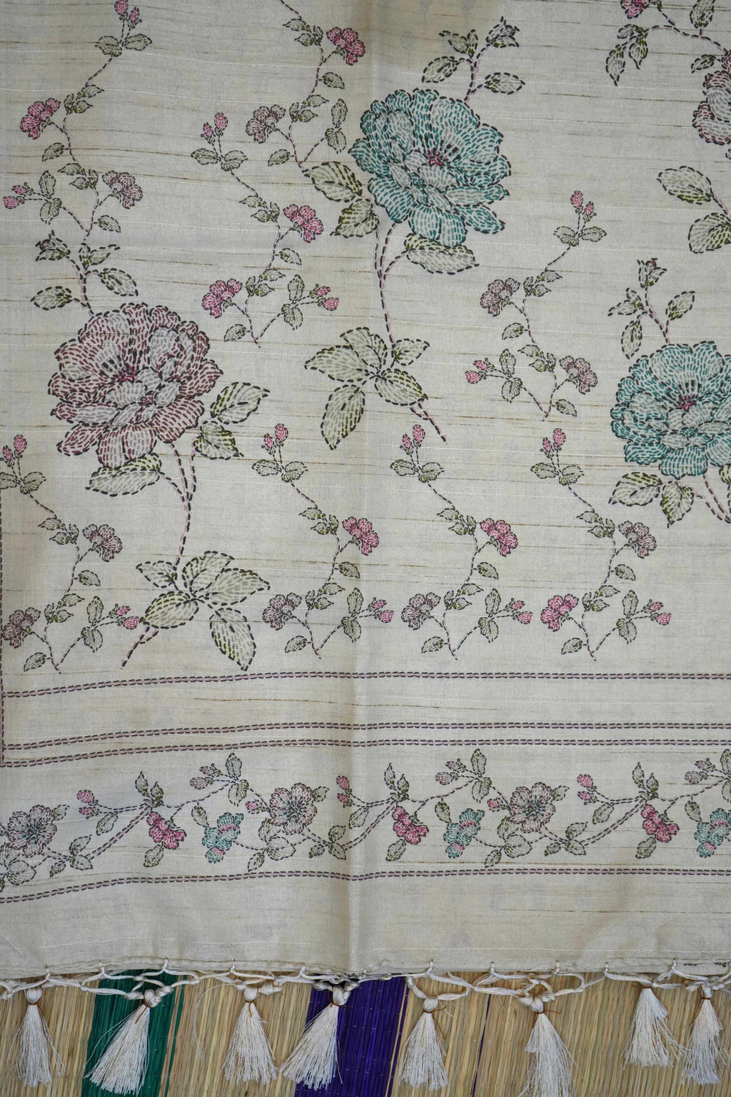 Beige Tussar Floral Printed Saree