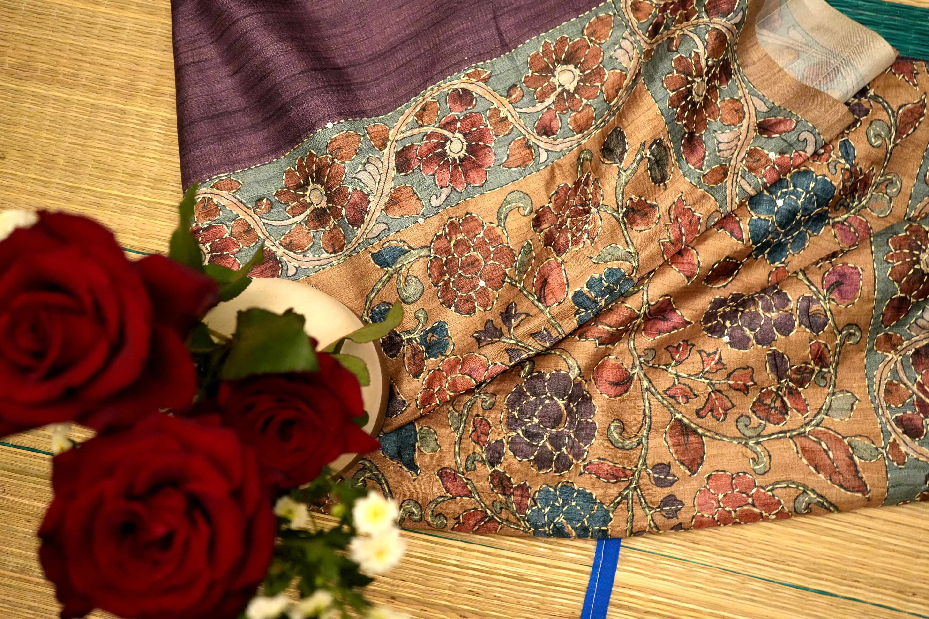 Kantha Work Tussar Silk Saree