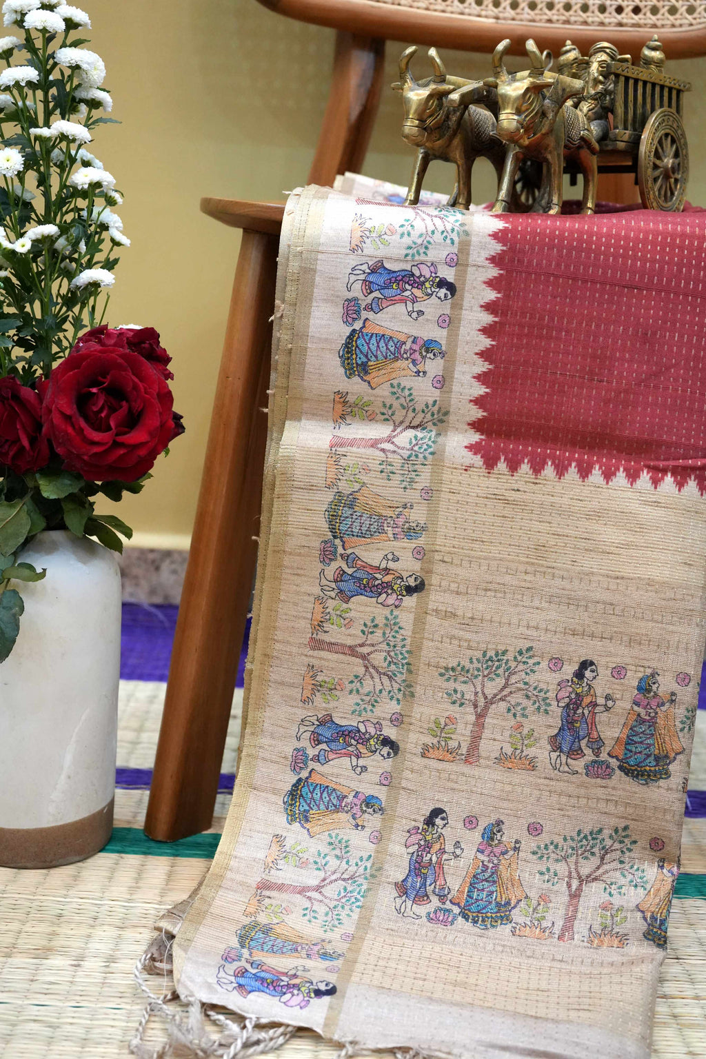 Maroon Tussar Printed Saree