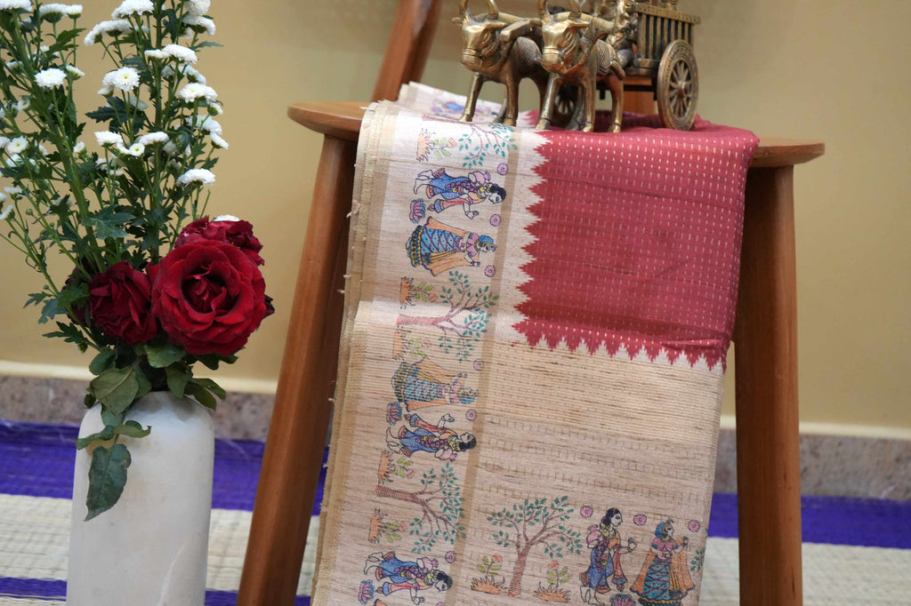 Maroon Tussar Printed Saree