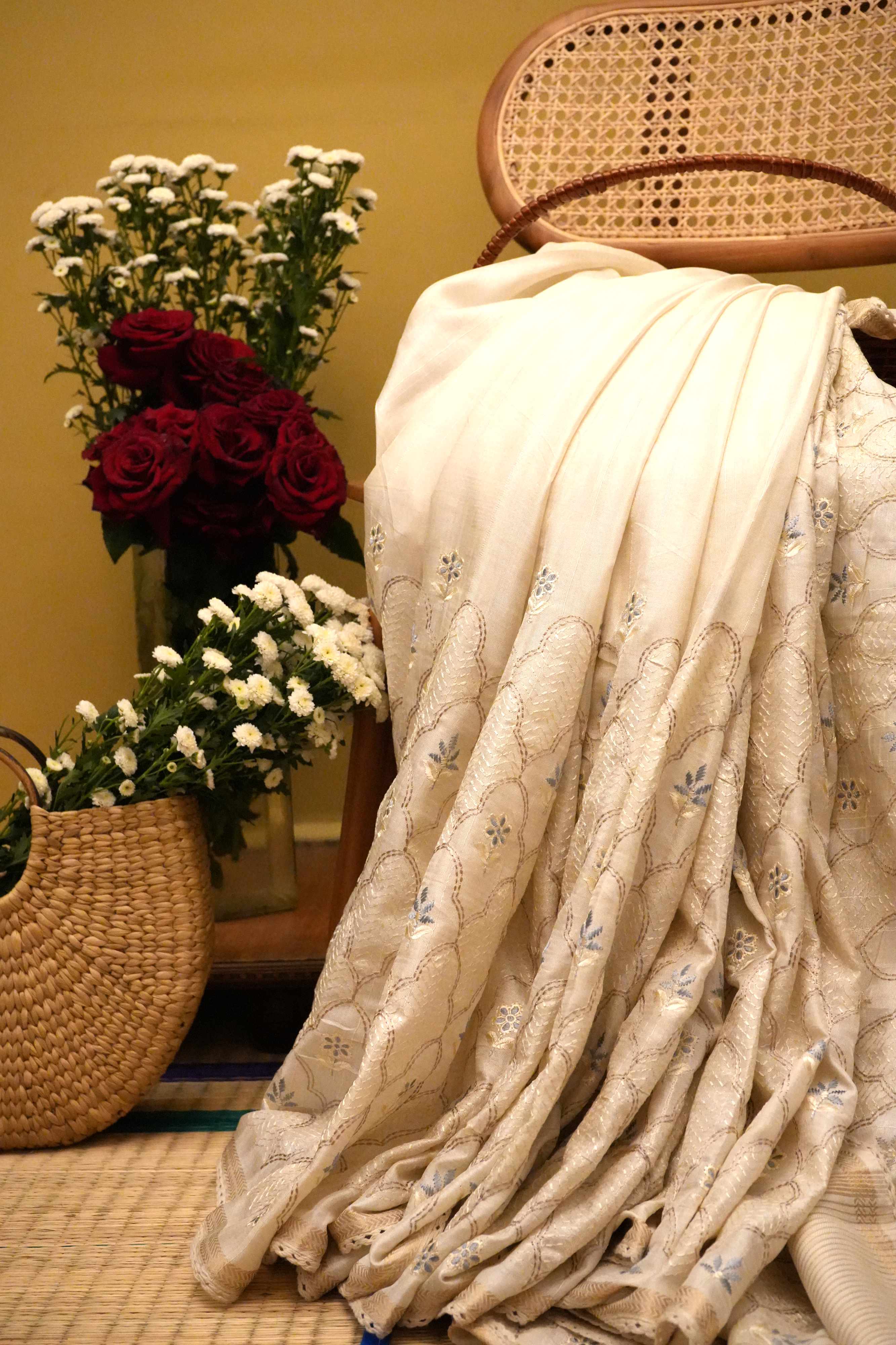 Off‑White Silk Blend Saree
