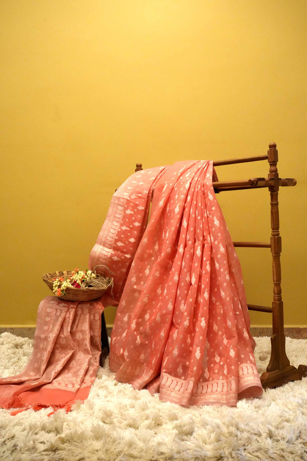 Peach‑Pink Jamdani Cotton Saree