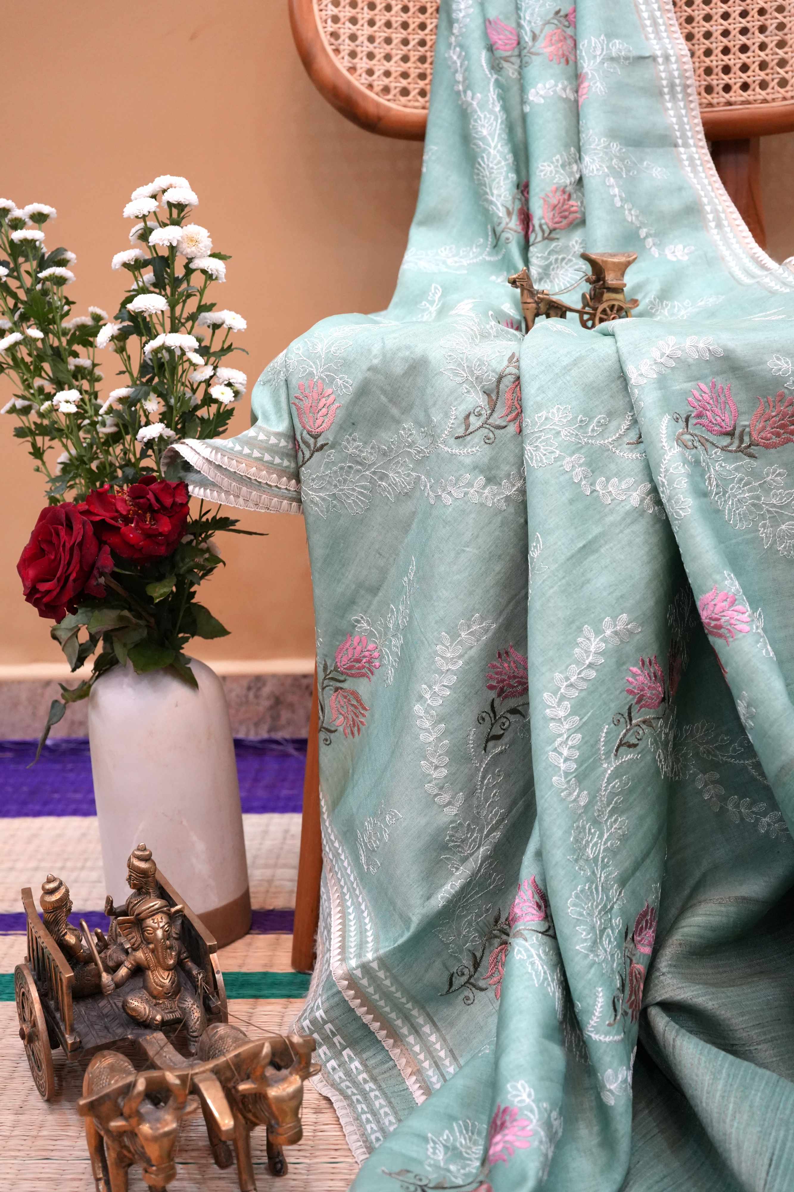 Pista Green Silk‑blend Saree.