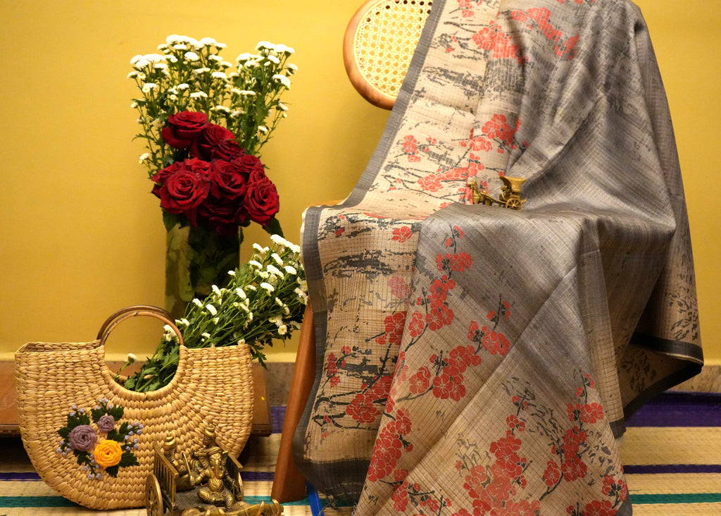 Smoky Grey Tussar Printed Saree