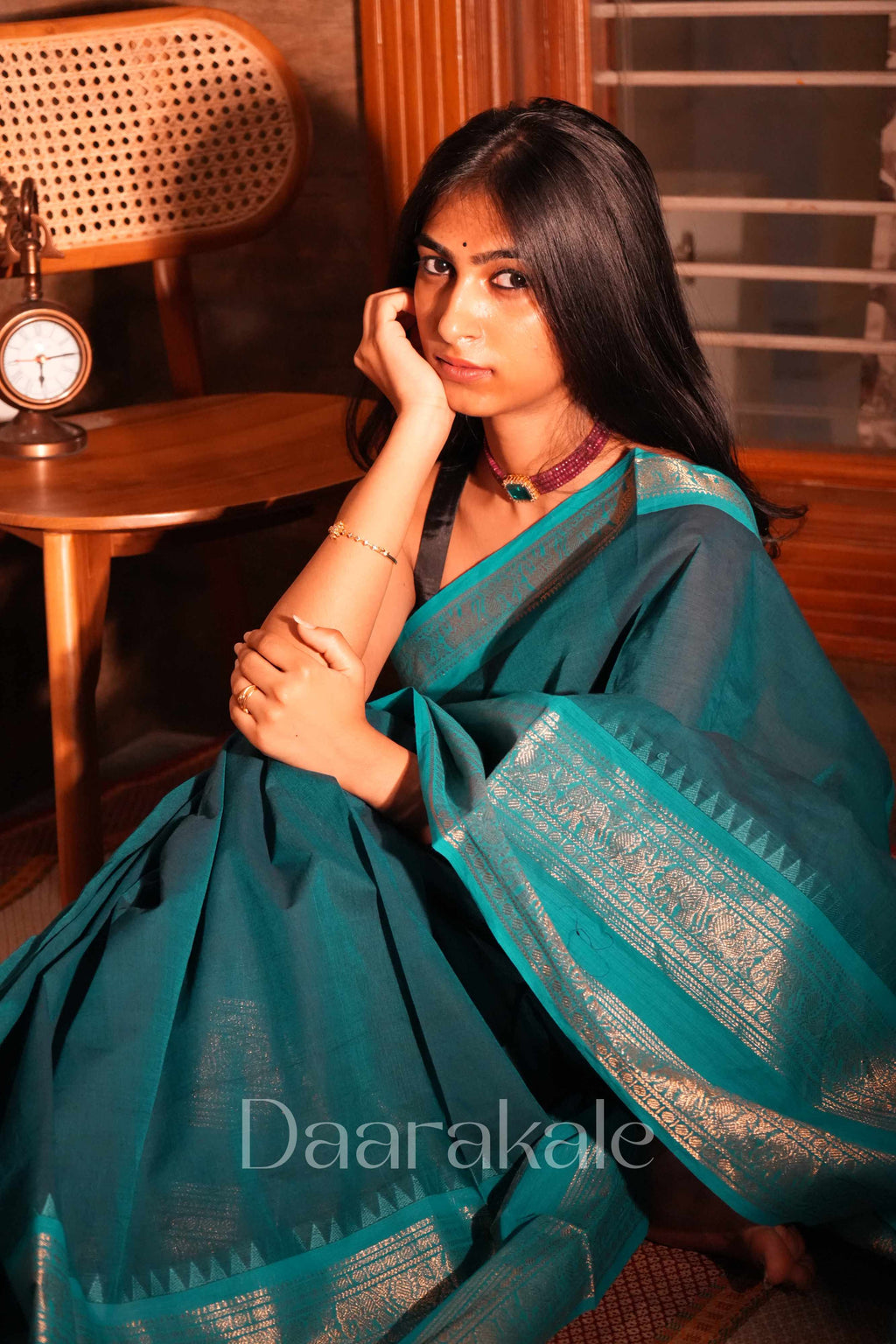 Chettinad Teal Temple Cotton Saree